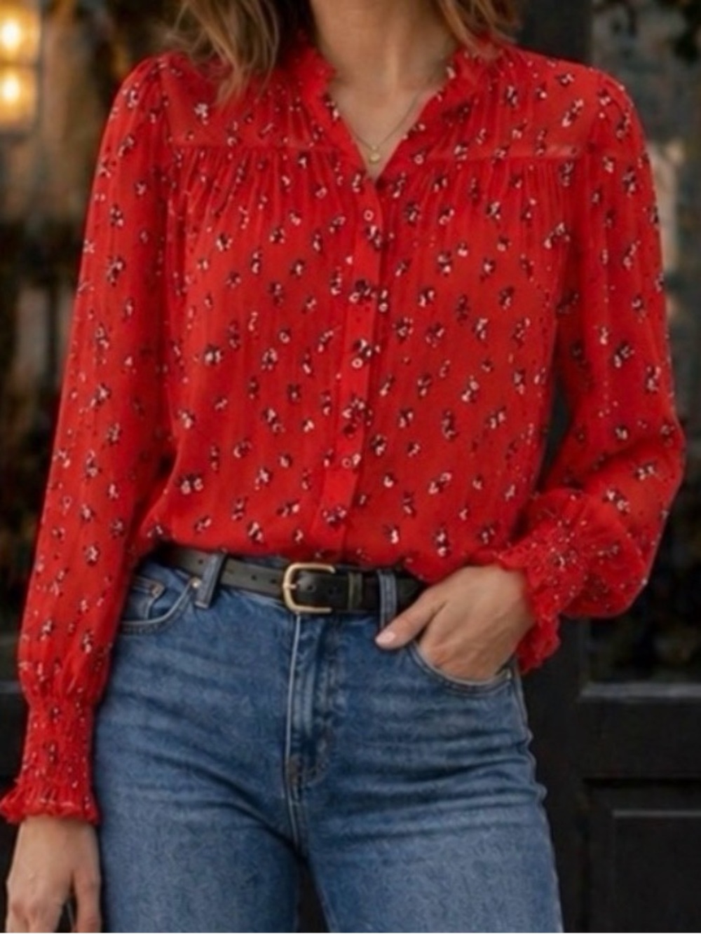 NWOT - Free People Boho Red Floral Blouse "Flowers In December" Sz M
